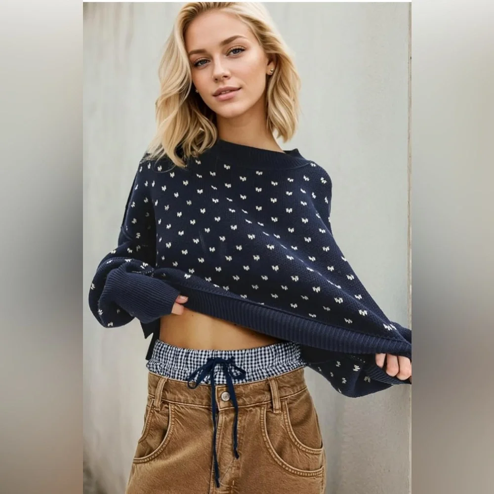 NWT Free People Easy Street Patterned Crop Pullover‎ Blue and White Sweater